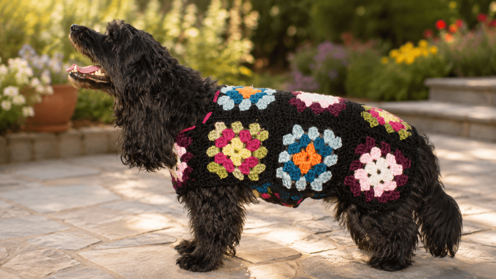 Black curly-haired dog wearing a black granny square crochet sweater with colorful floral squares, outdoors in a garden