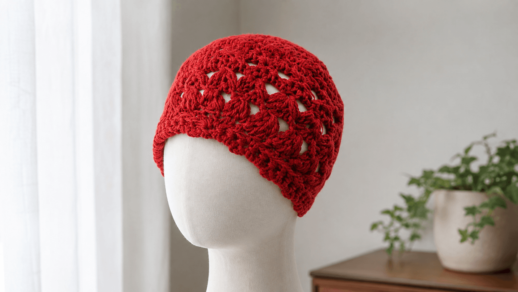 Red lacy crocheted beanie on a mannequin head