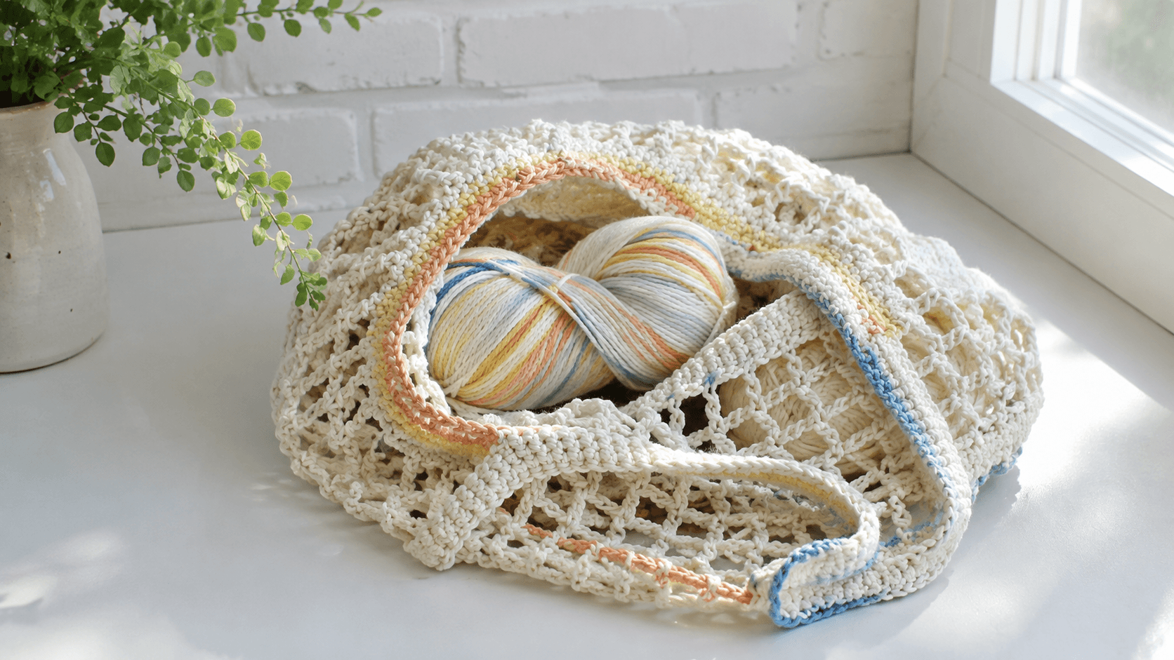 Cream mesh crochet market bag with a skein of rainbow yarn inside