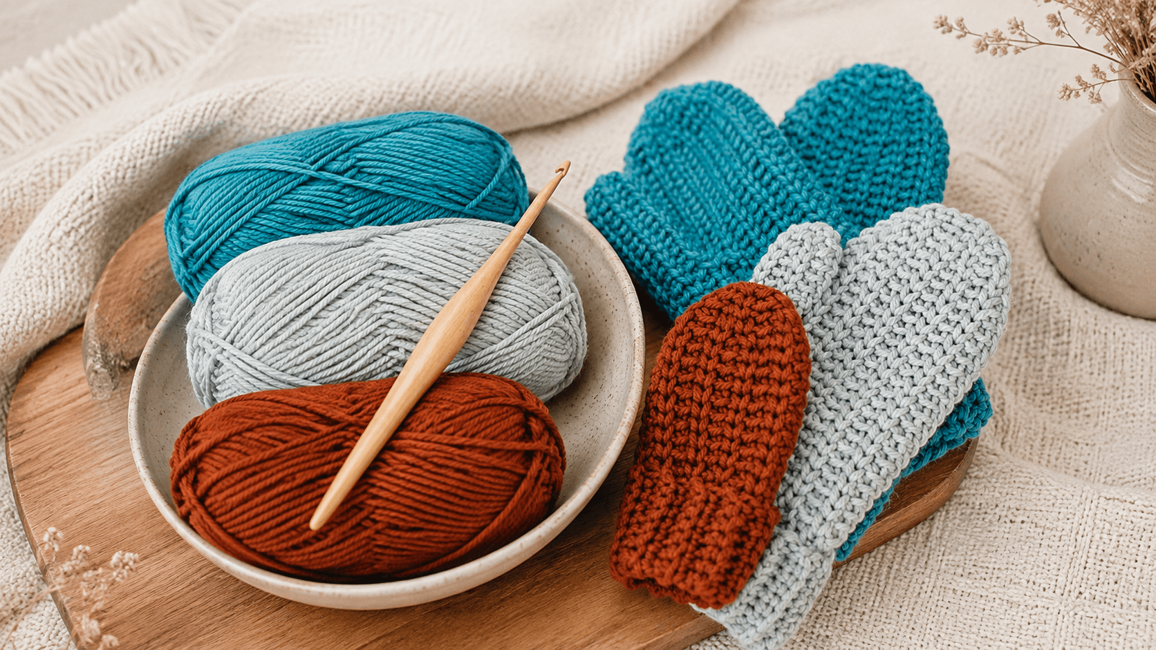 Three crochet mittens in teal, gray, and rust on a tray