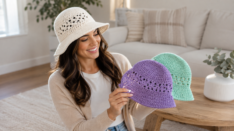 Woman in a cream crochet sun hat holding purple and mint crochet sun hats