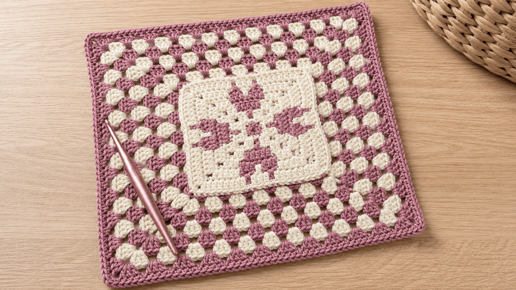 Mauve and cream mosaic heart granny square