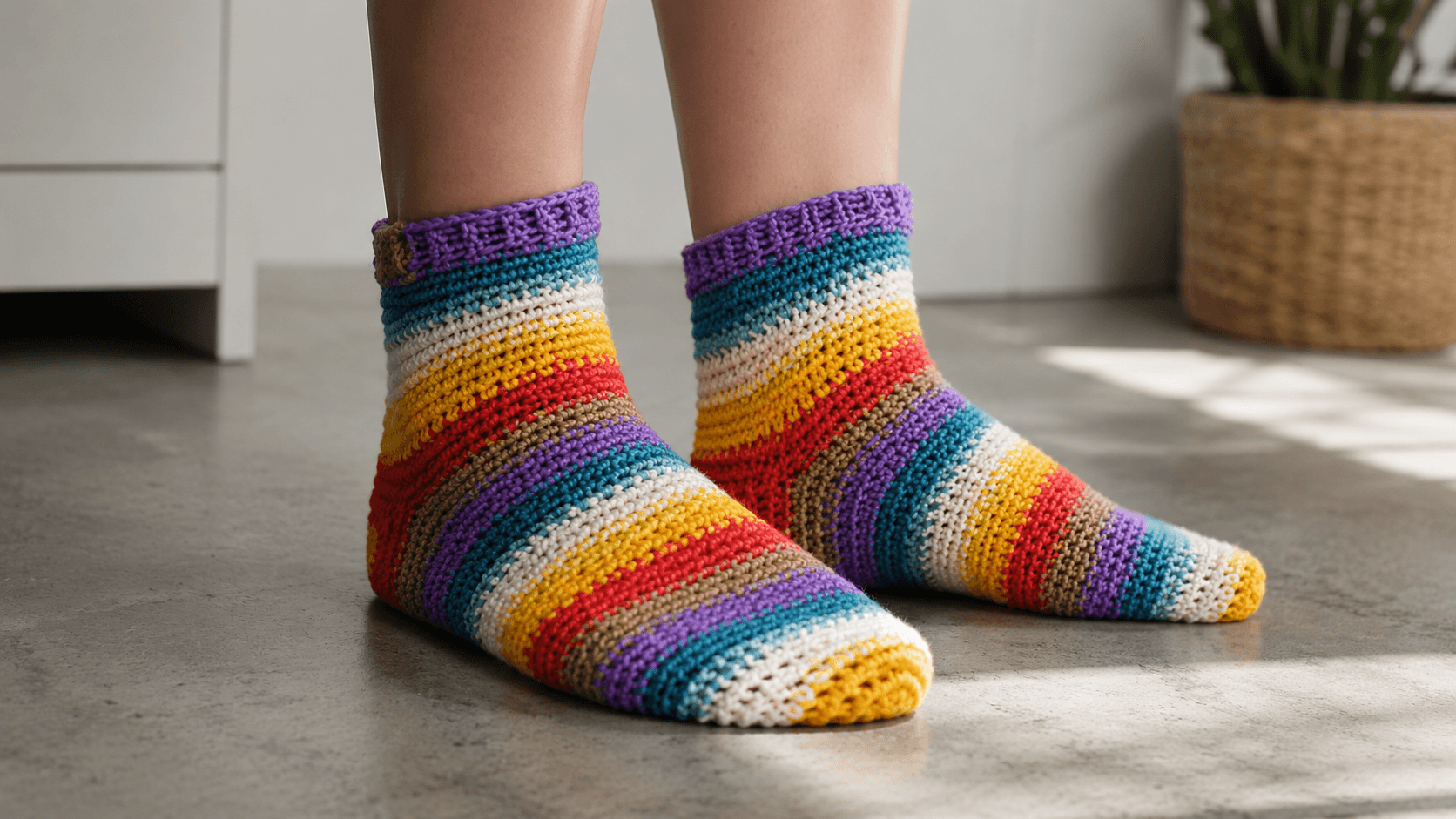 Colorful striped crochet socks on feet