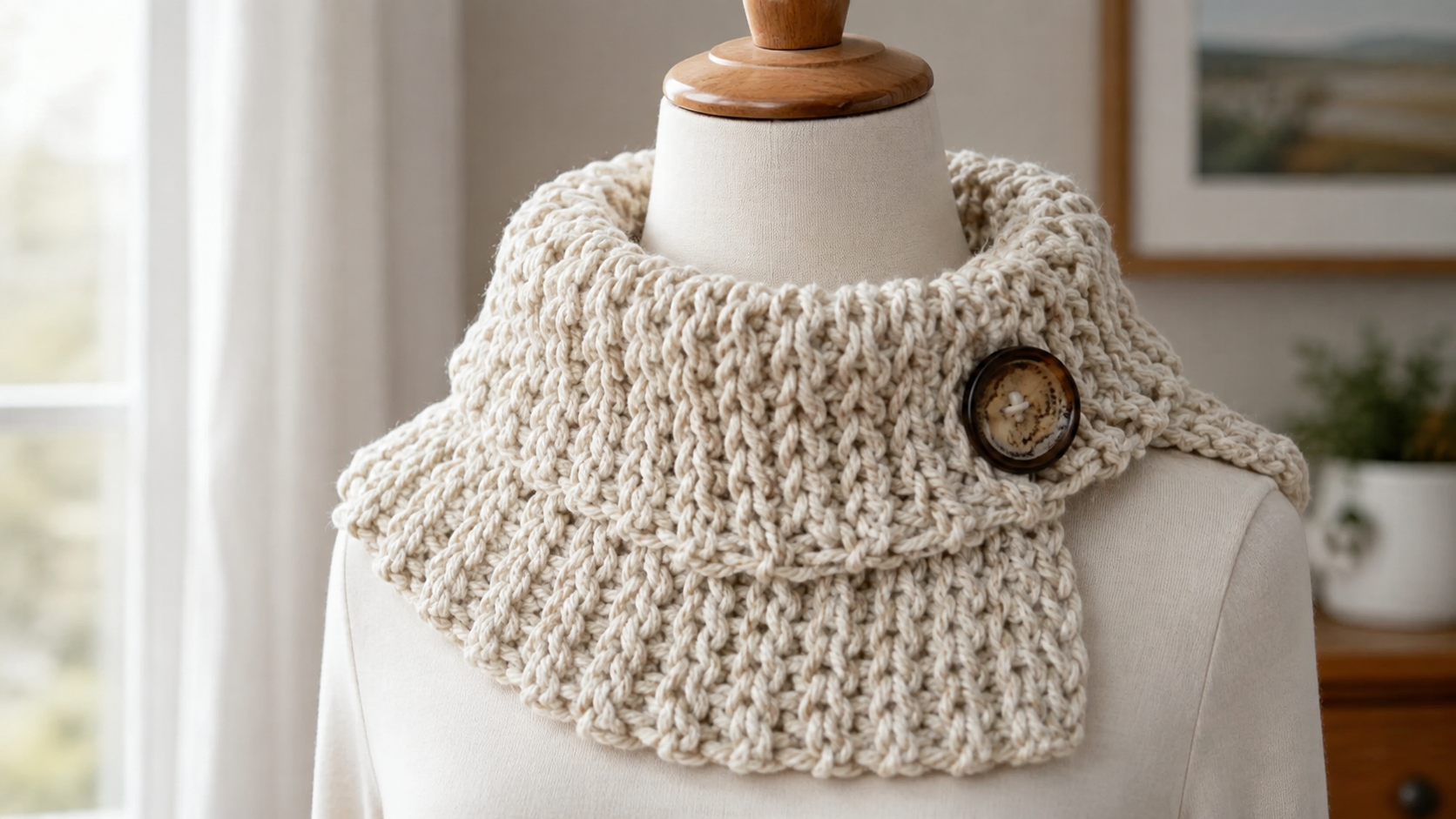 Cream chunky crocheted button cowl