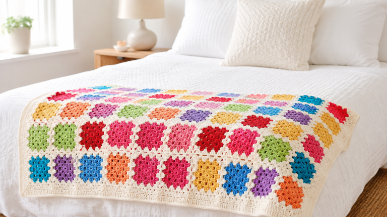 Bright multicolored granny square crochet blanket across a bed