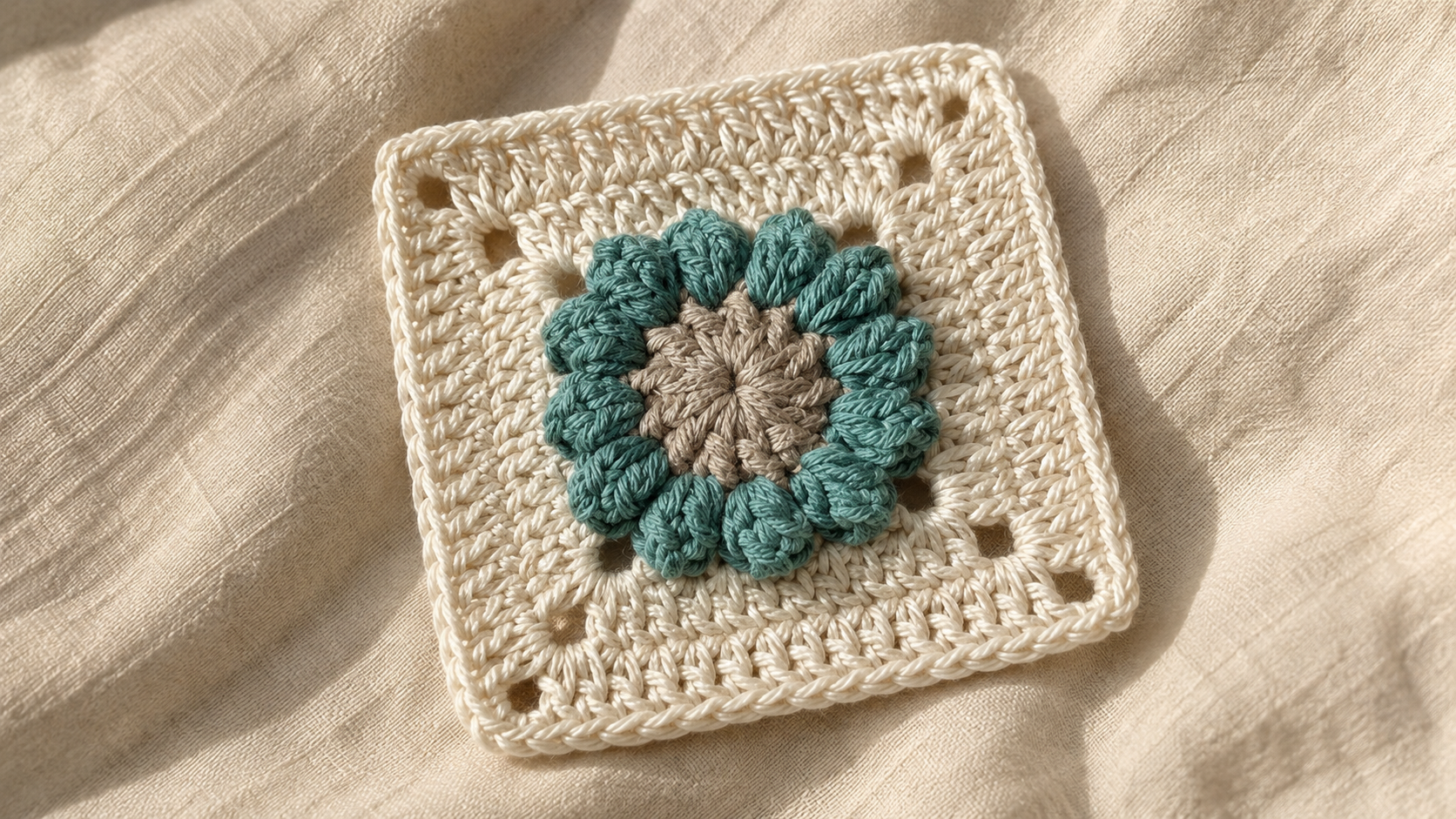 Teal and tan crochet flower granny squares on a cream background