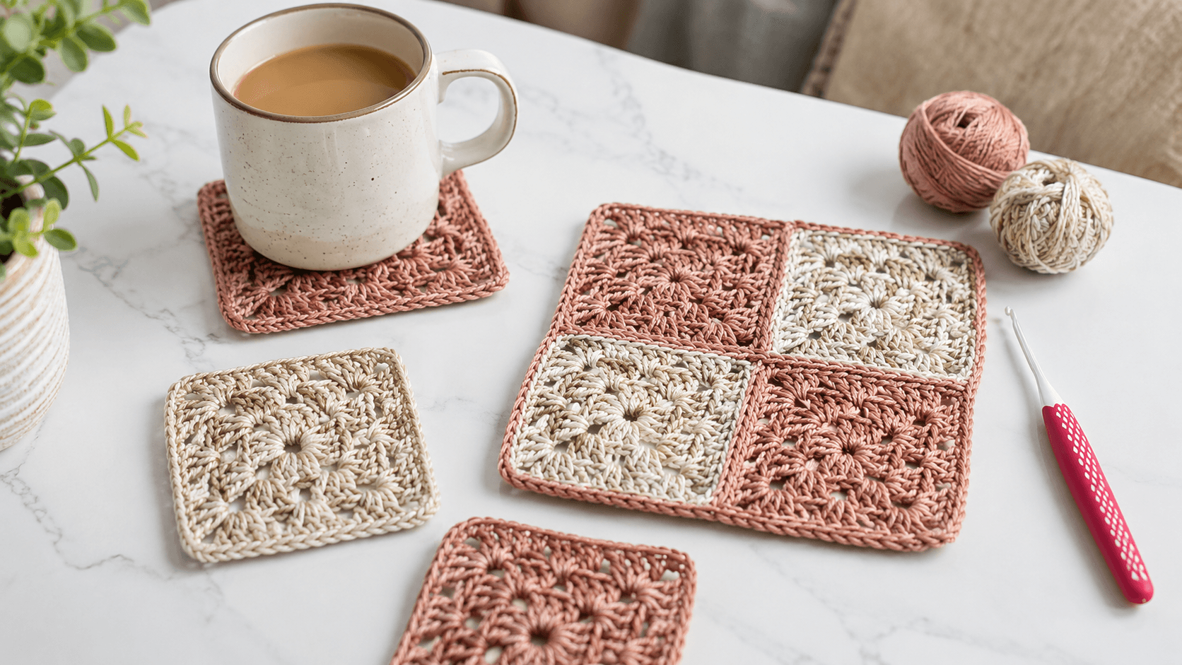 Four pink and tan granny square crochet coasters with a mug