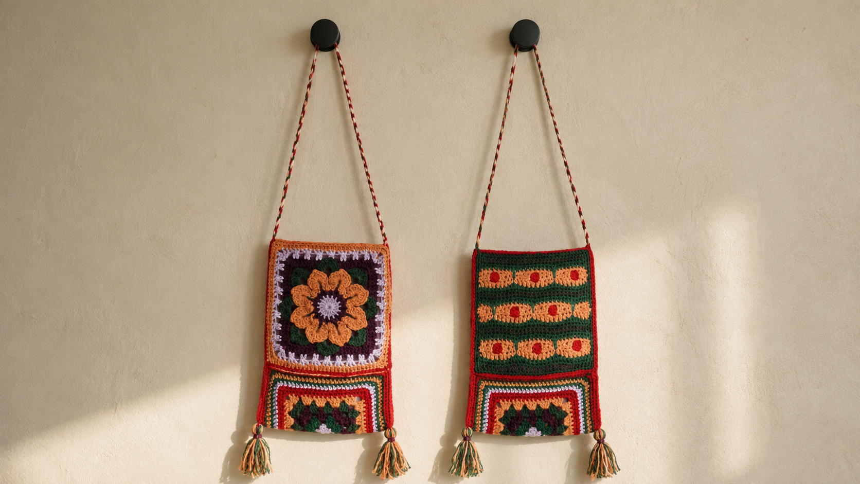 Two orange and green crochet granny square bags with tassels hanging on hooks