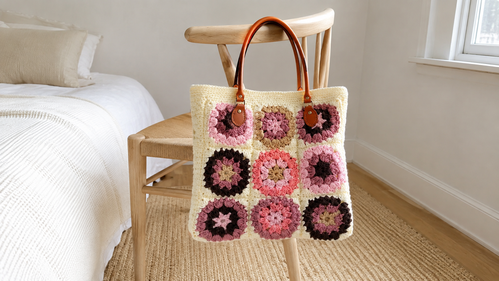 Pink and cream granny square crochet tote bag with leather handles