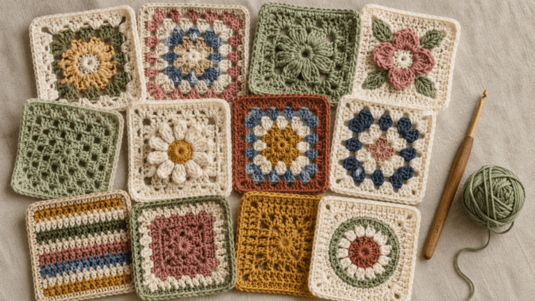 Flat-lay collage of assorted finished granny squares in varied colors and motifs, with a crochet hook and yarn ball