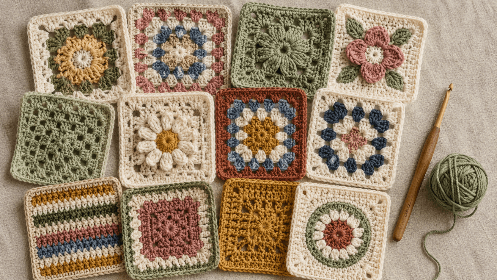 Flat-lay collage of assorted finished granny squares in varied colors and motifs, with a crochet hook and yarn ball