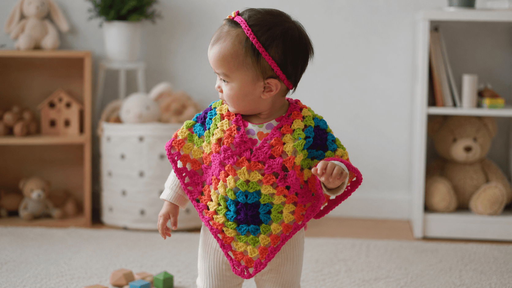 Toddler wearing a colorful granny square crochet poncho with matching headband
