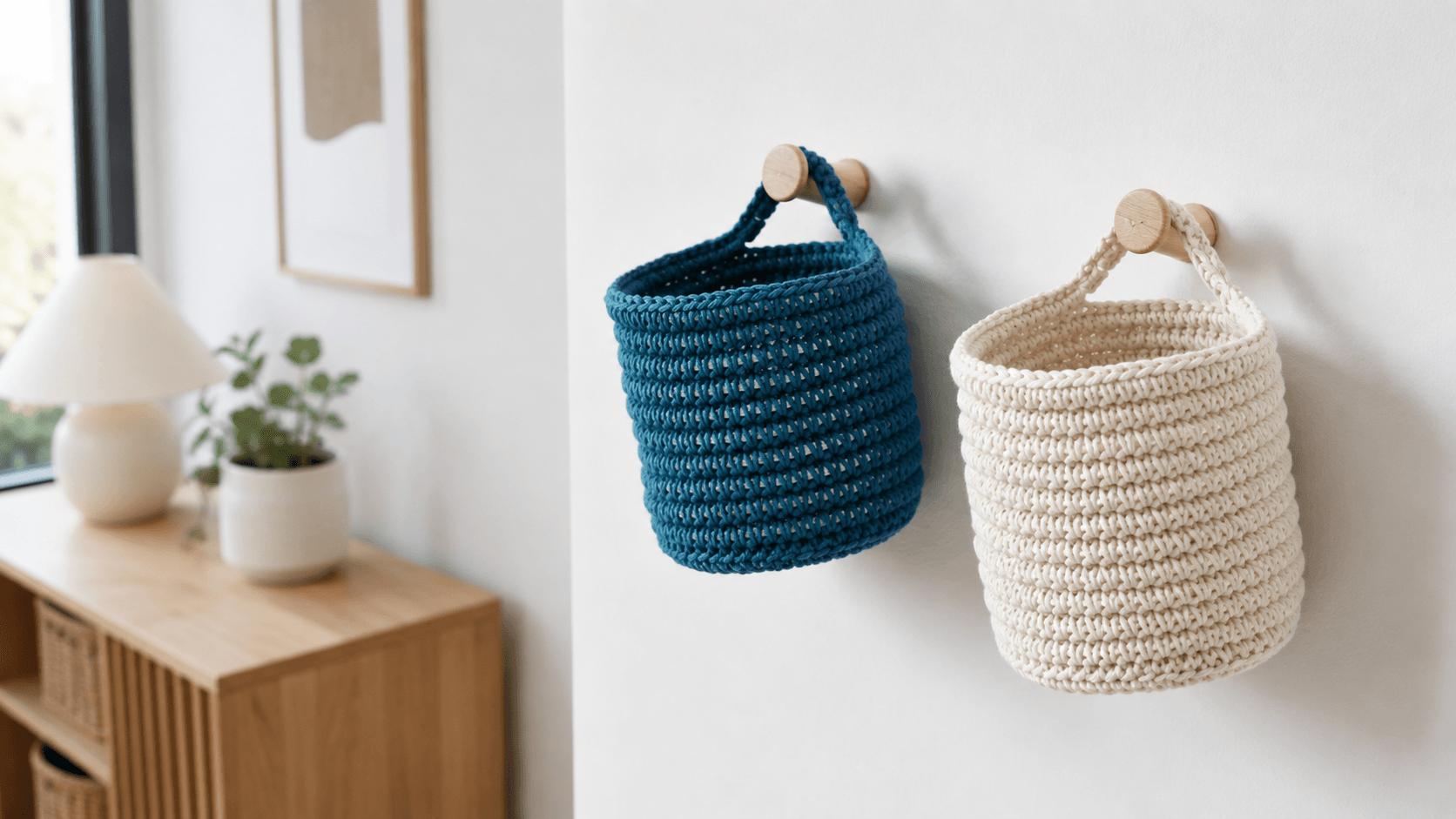Teal and cream crochet baskets hanging on wooden wall pegs