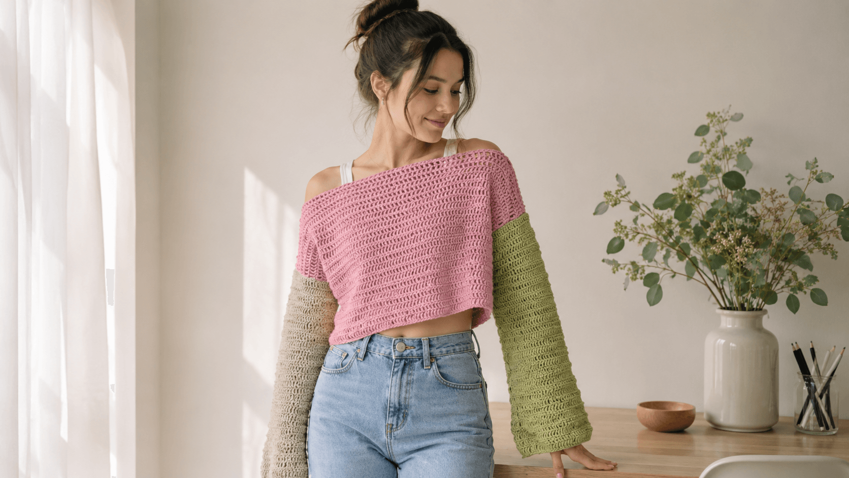 Woman wearing a pink and tan colorblock off shoulder crochet sweater