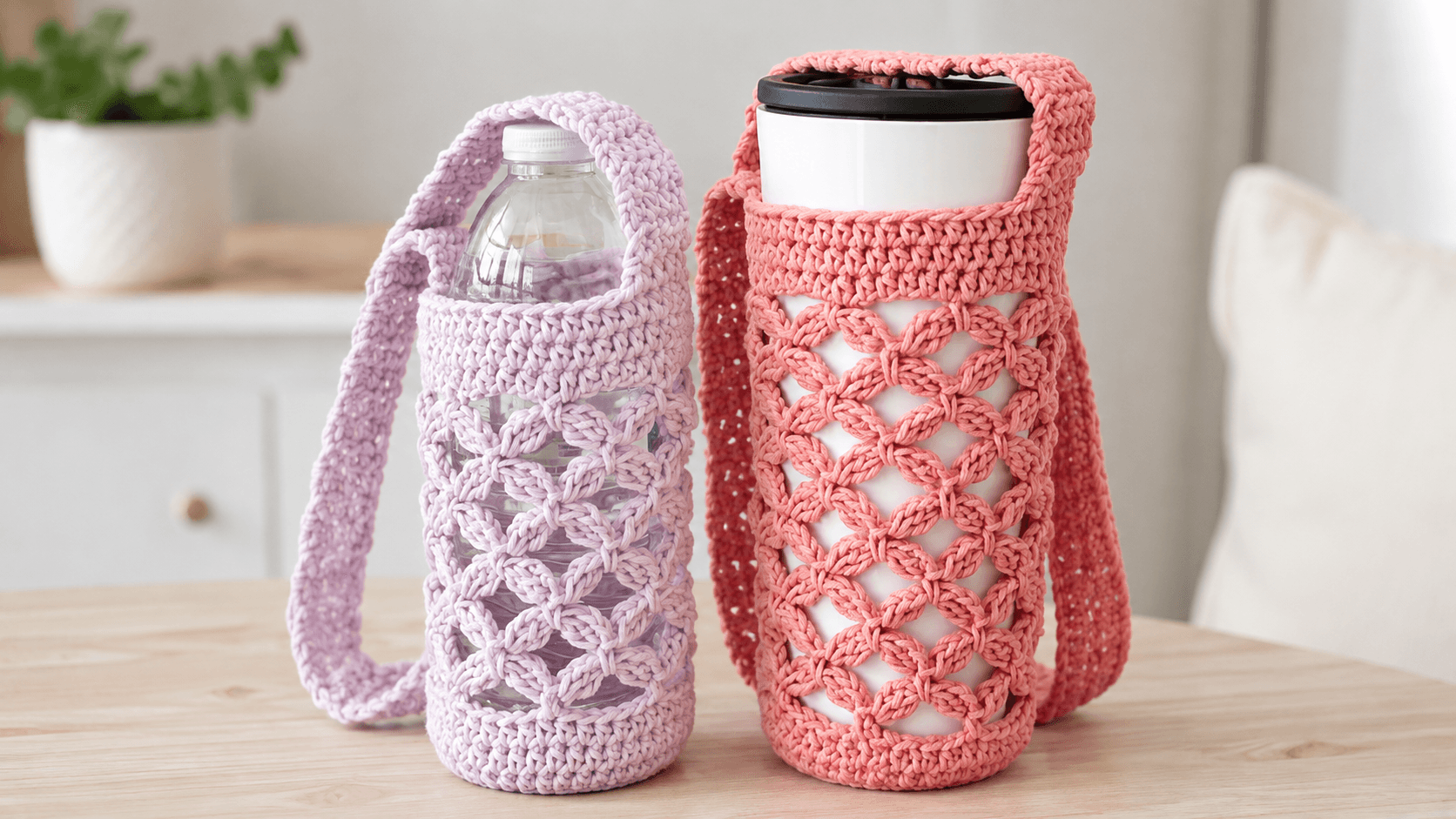 Striped pink, green, and cream crochet water bottle holder around a teal bottle