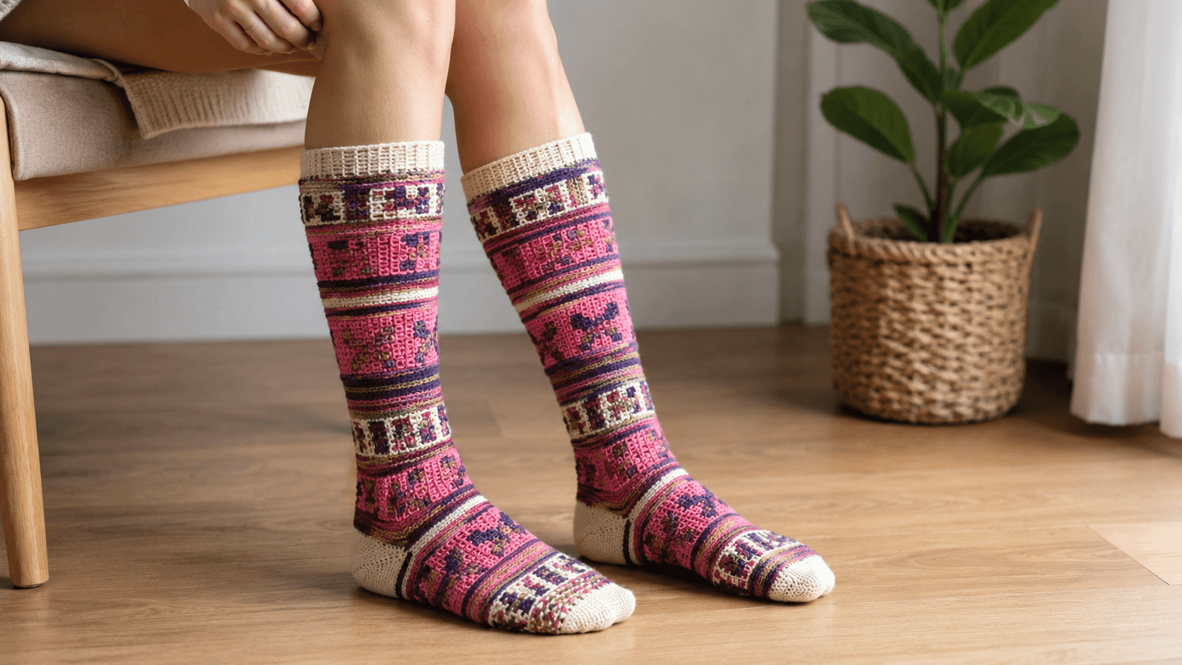 Pink and purple fair-isle mosaic crochet knee high socks