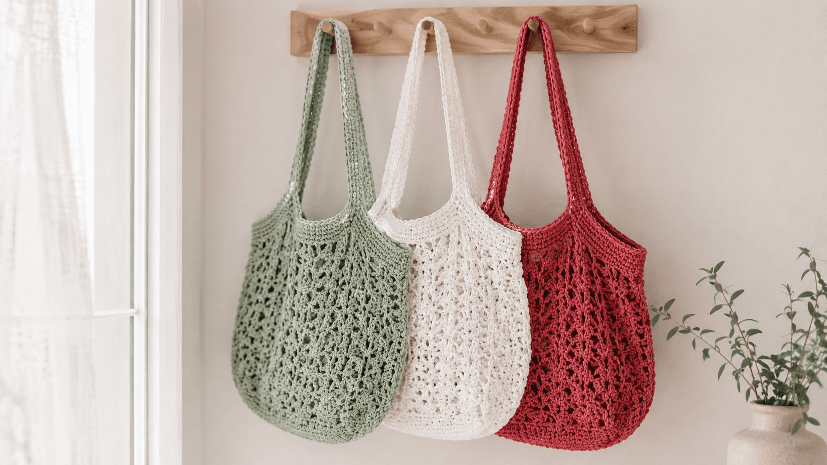 Three mesh crochet market bags hanging on wall hooks