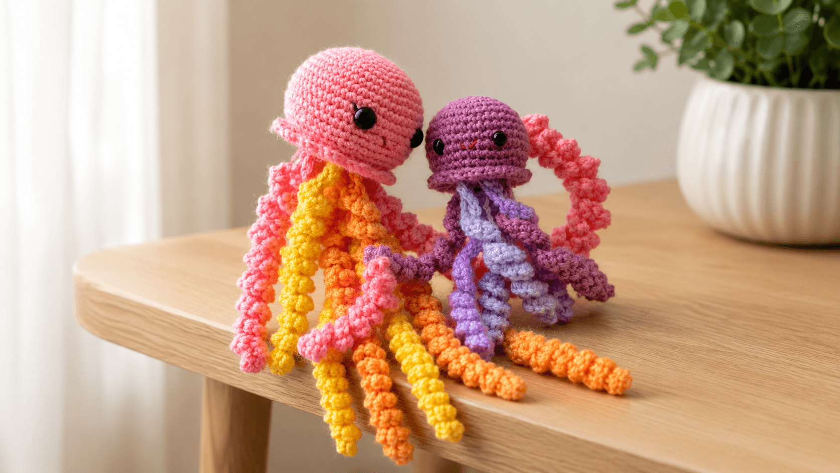 Large pink crochet jellyfish next to a small purple baby jellyfish