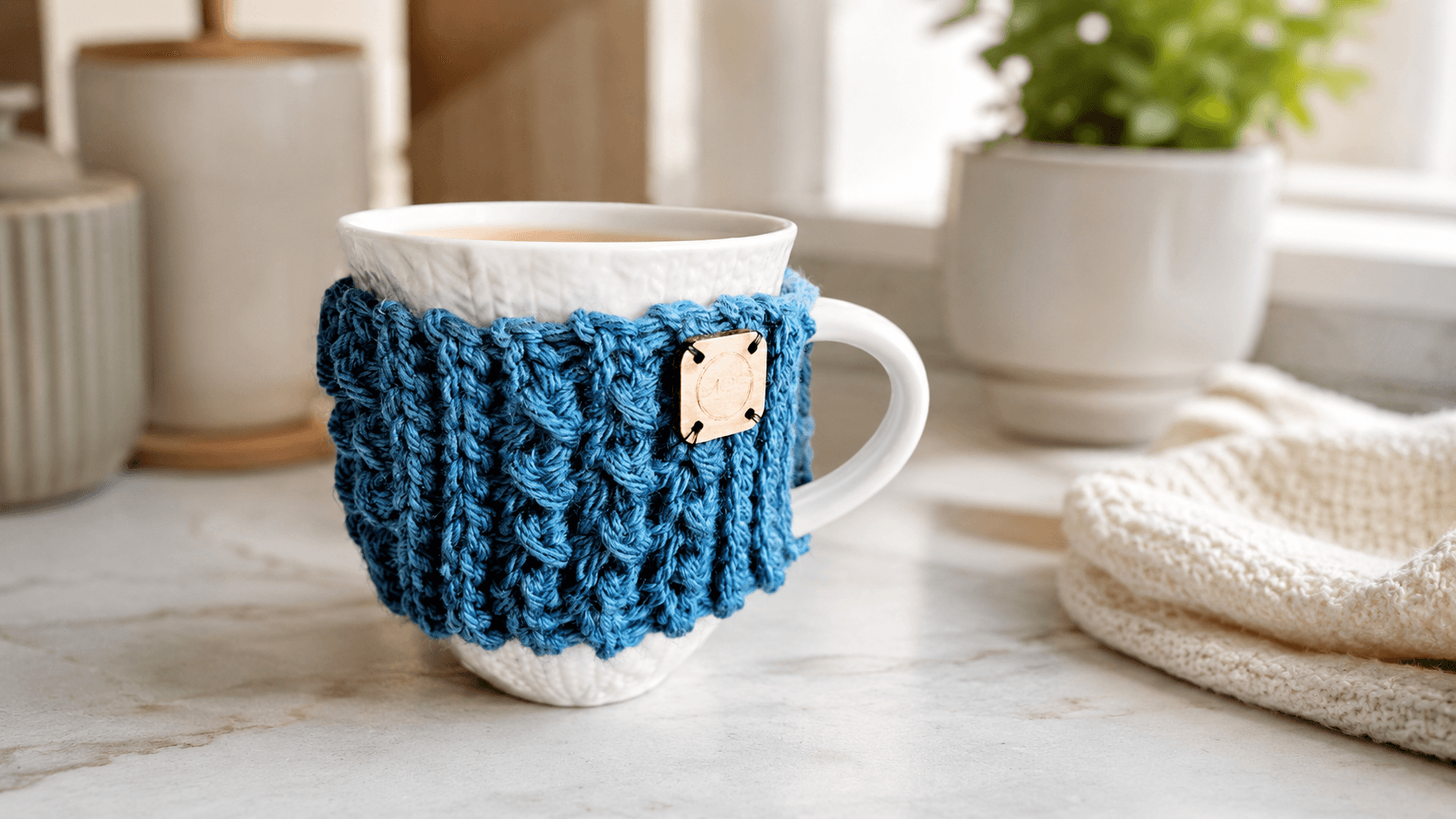 Blue crochet mug cozy on a mug