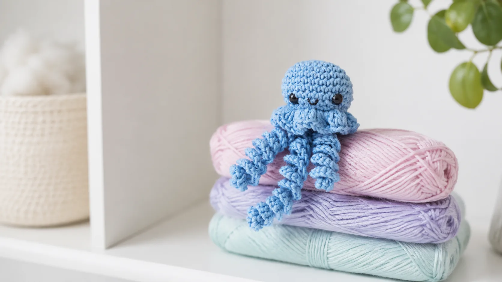 Blue crochet jellyfish amigurumi sitting on a shelf of yarn