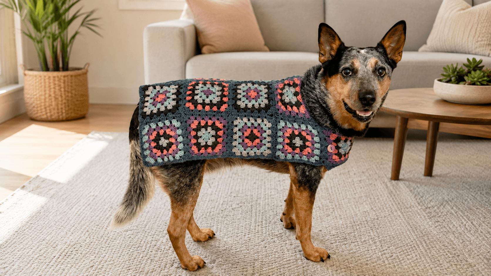 Dog wearing a navy granny square crochet sweater with multicolor squares