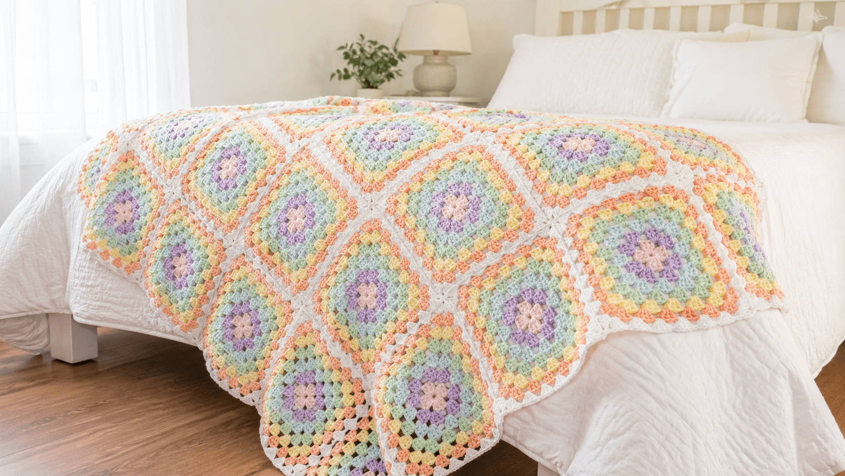 Pastel granny square crochet baby blanket hanging on a crib rail