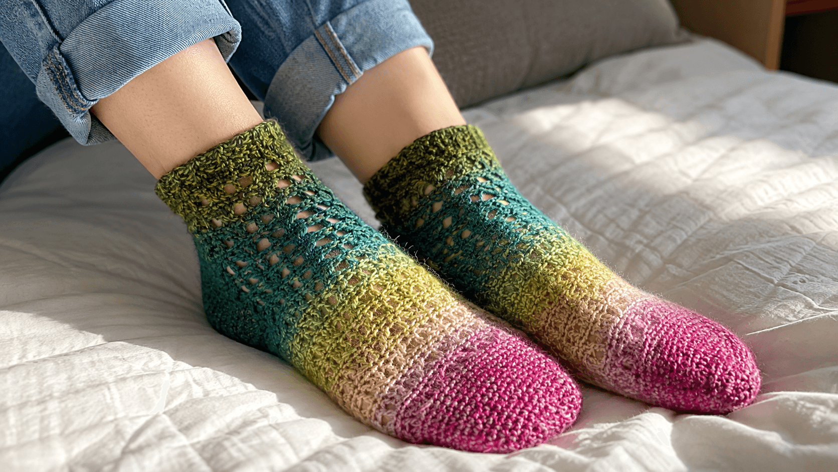 Rainbow ombre lacy crochet socks