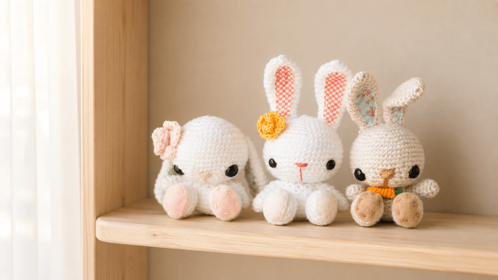 Two pastel purple and peach crochet bunnies