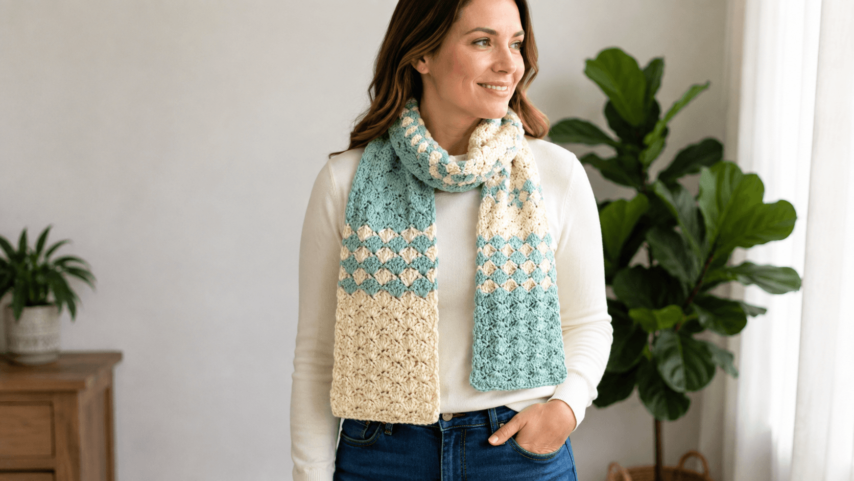 Woman wearing a teal and cream shell stitch crochet scarf
