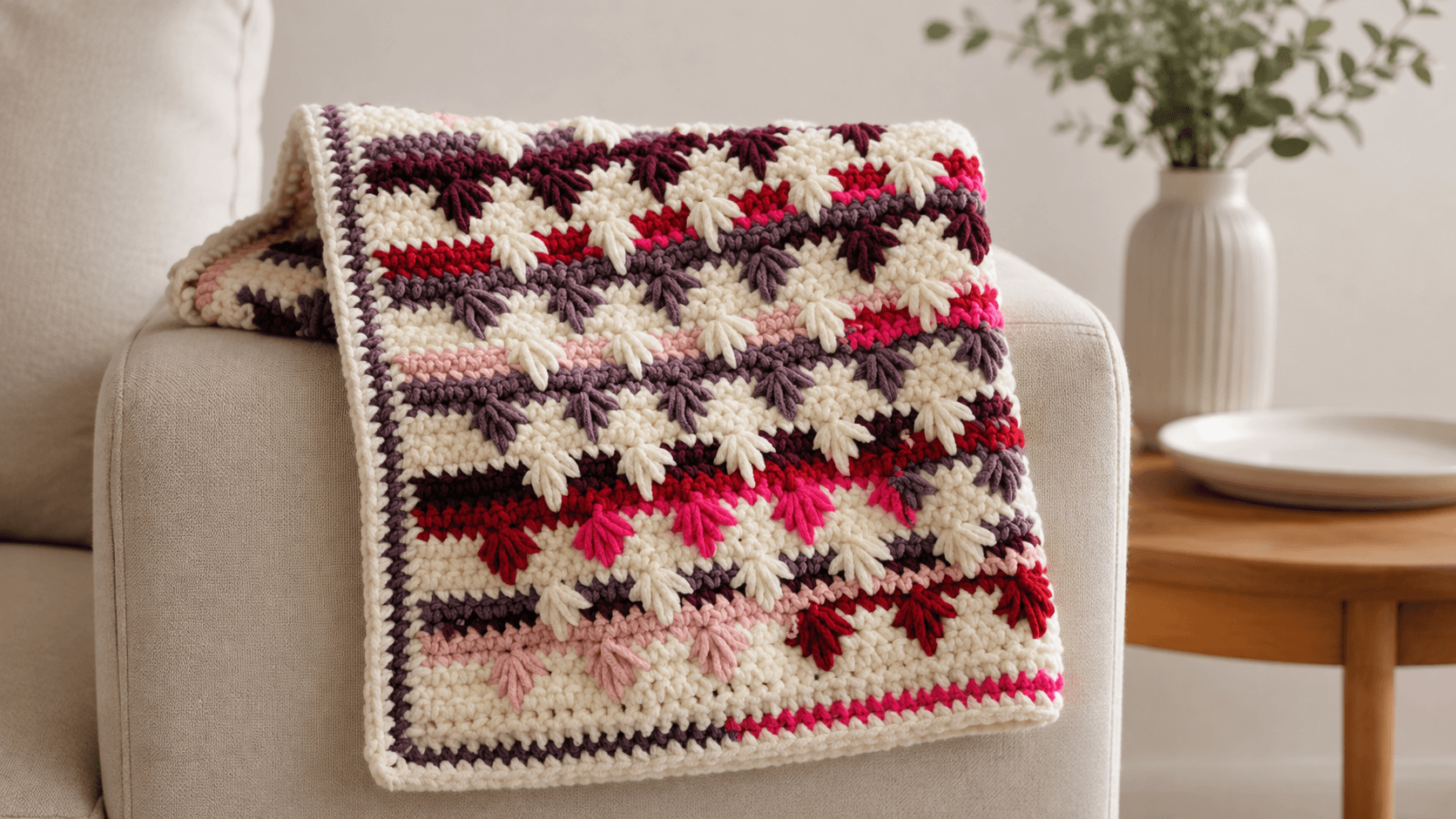 Cream, burgundy, and purple crochet spike cluster stitch afghan on a couch