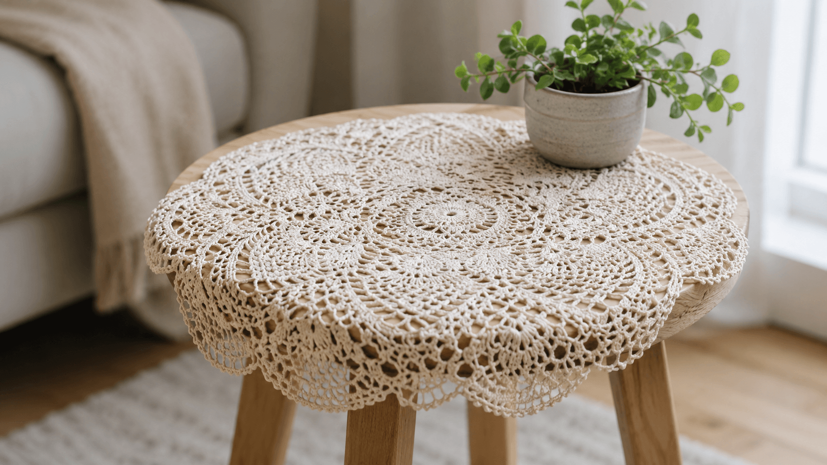 Cream crochet doily draped over a round wooden stool