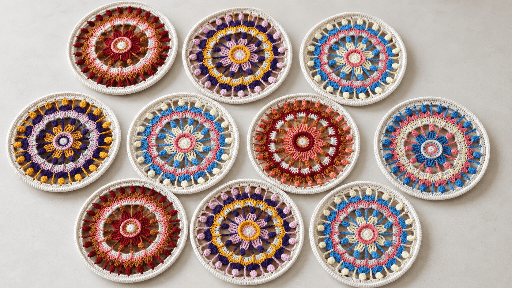 Ten colorful crochet flower mandalas in various colorways