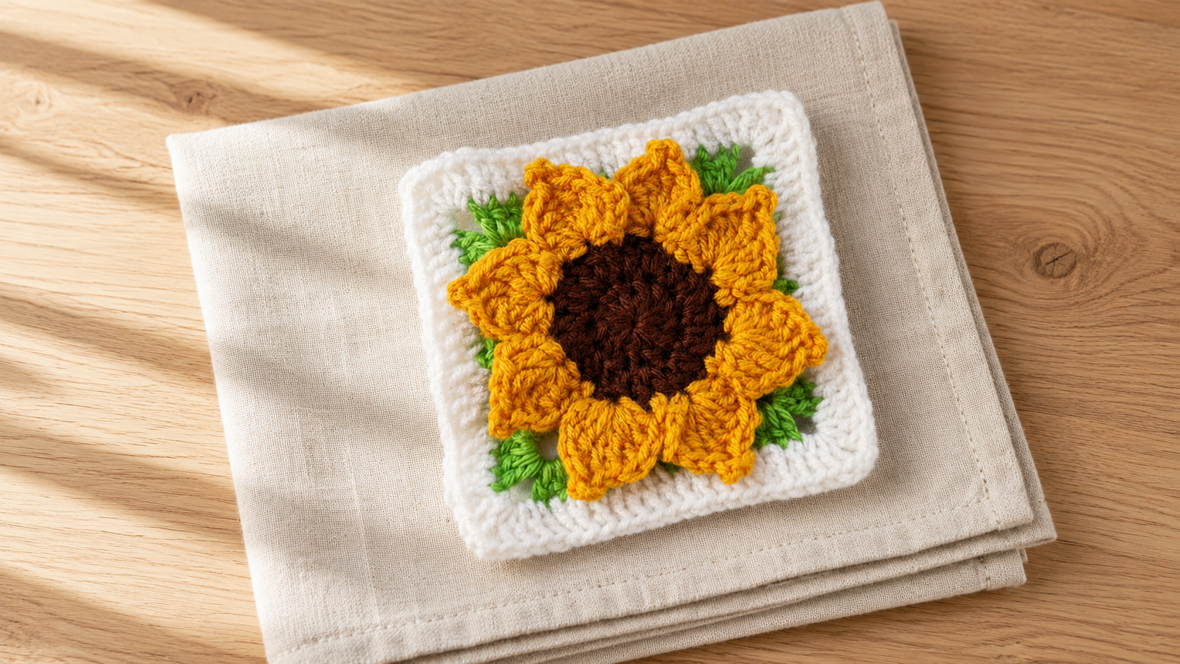 Yellow crochet sunflower granny square with a brown center on linen
