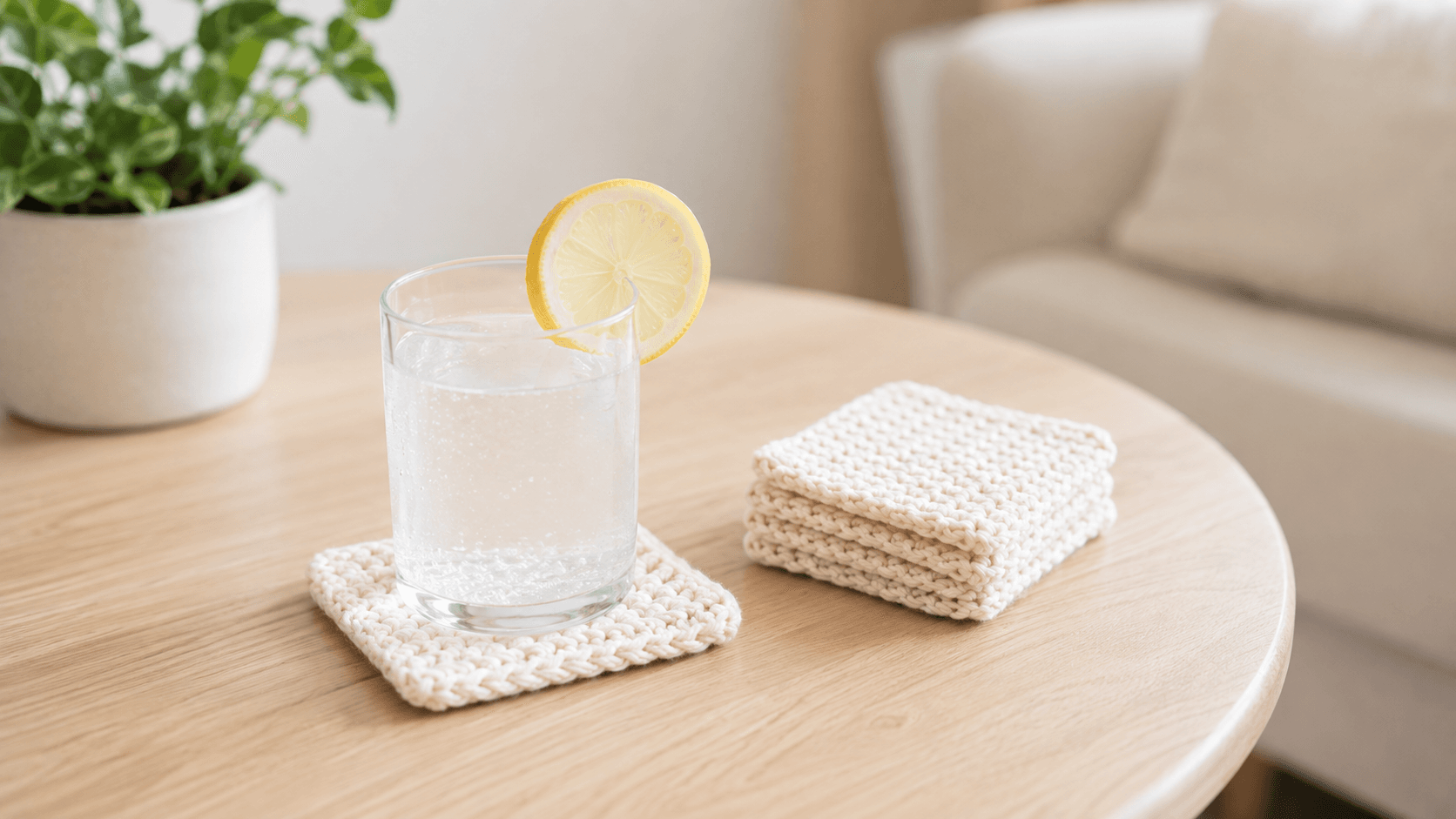 Cream textured square crochet coasters with a glass of water and lemon