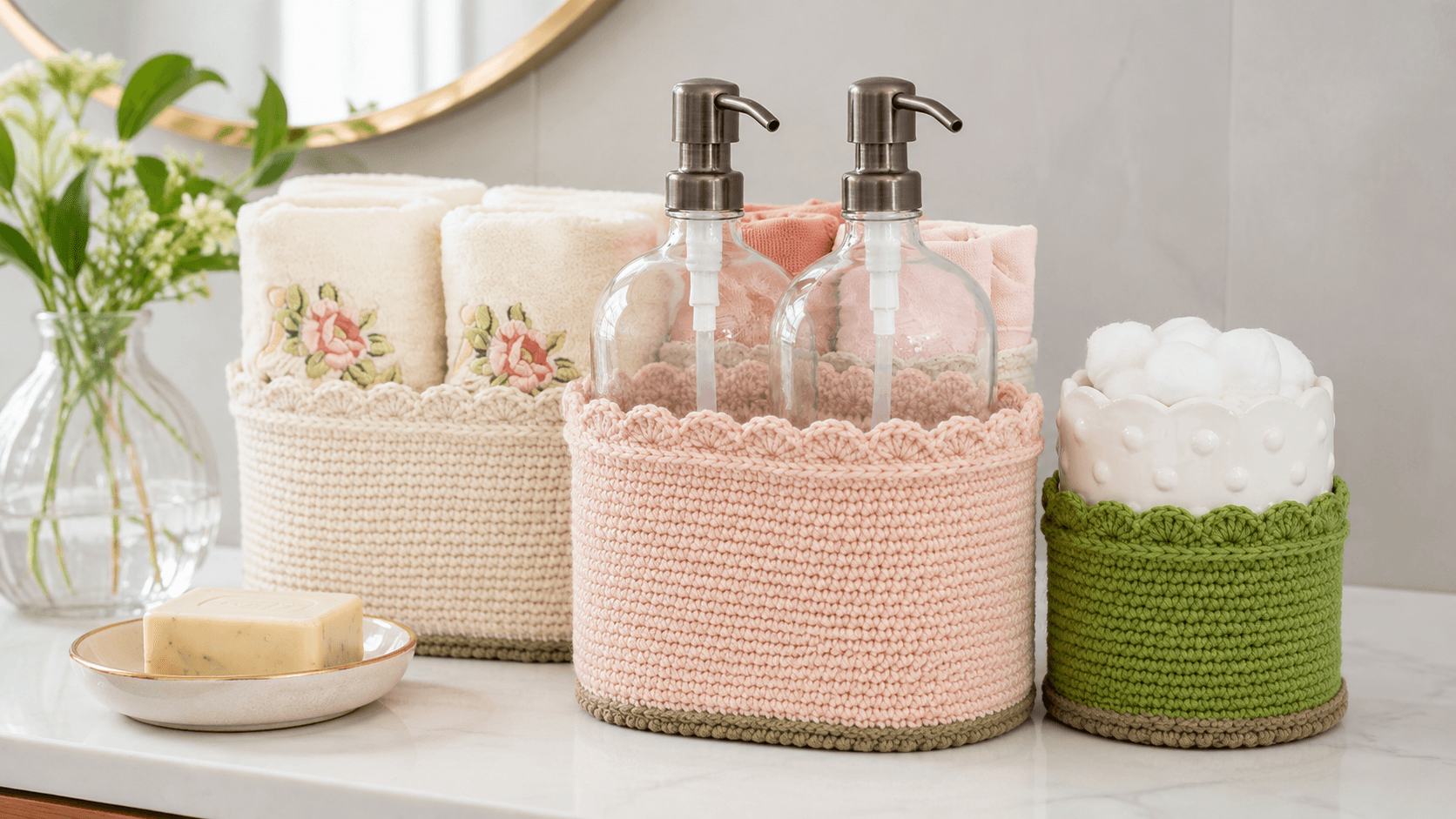 Cream, pink, and green crochet baskets with towels and soap