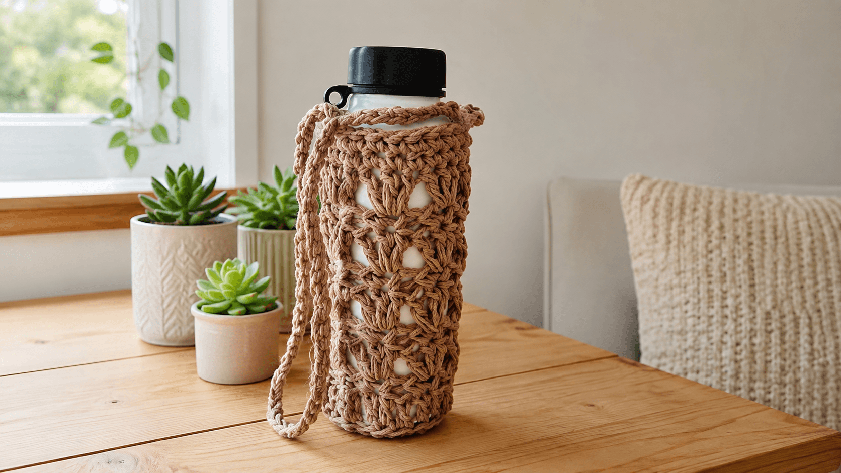 Tan mesh crochet water bottle holder with a crossbody strap