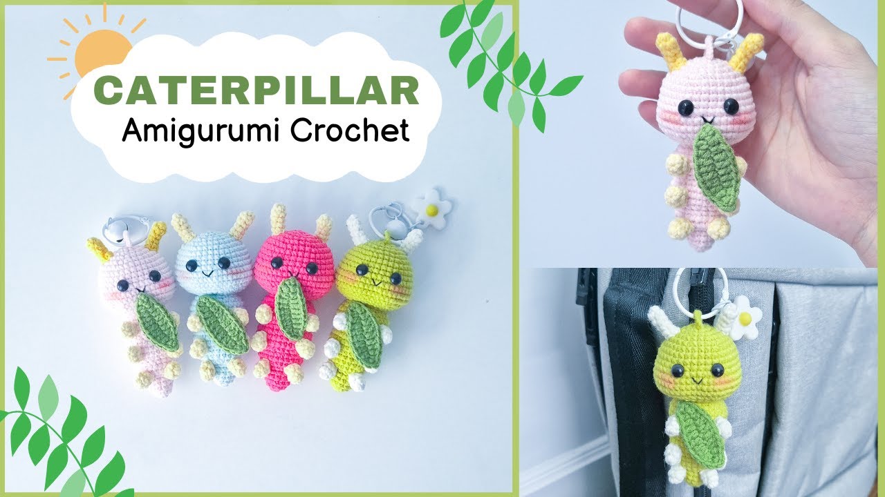 Caterpillar eating leaf crochet amigurumi bag charm