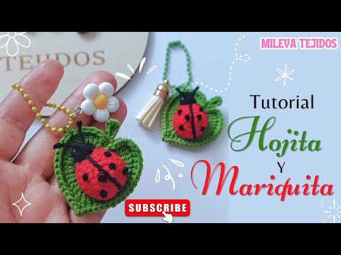 Ladybug with leaf crochet keychain bag charm