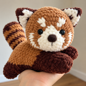 Cinnamon the Red Panda, a crocheted red panda plush held in a hand, brown with cream face markings and a striped tail